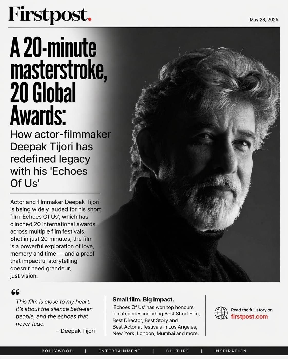 Firstpost — A 20-minute masterstroke, 20 global awards: how Deepak Tijori has redefined legacy with Echoes of Us